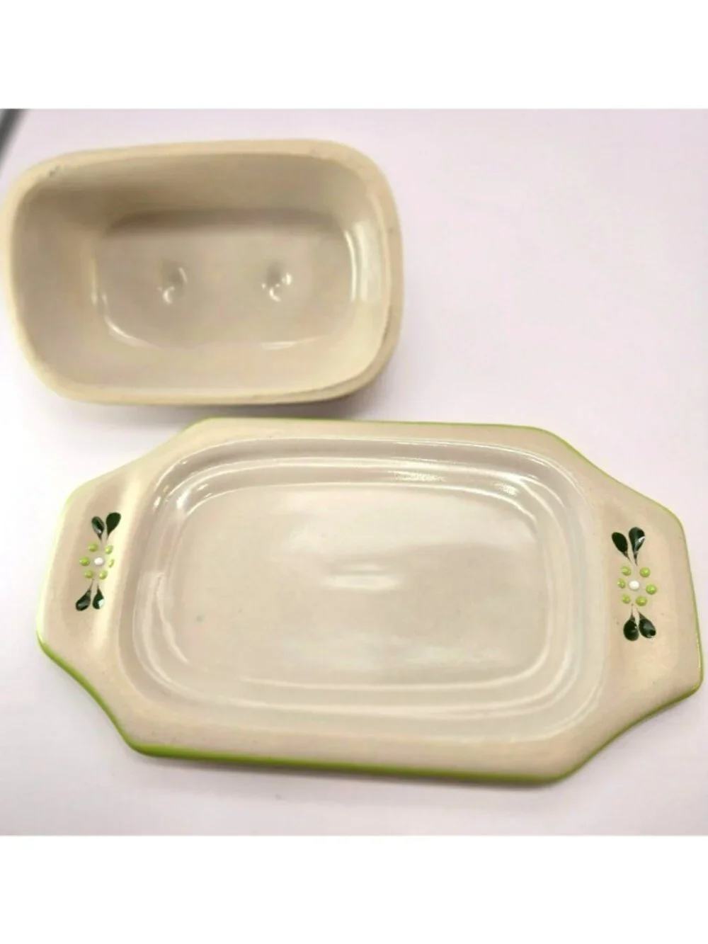Vintage Ceramic Butter Dish & Lid With Green Floral Design Hand-Painted CM2352